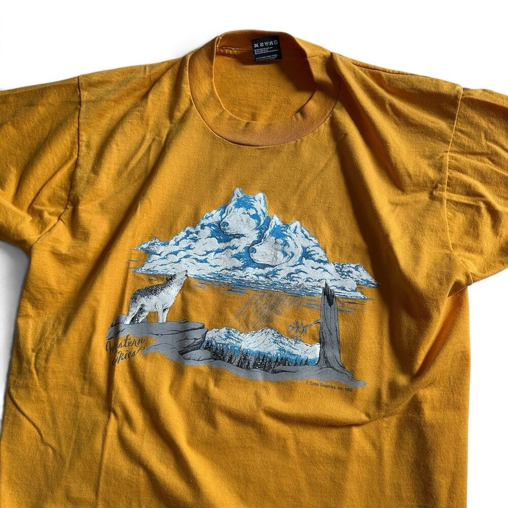 VTG 1992 Western Skies T-Shirt L USA Mustard Yellow Wolf Nature Single-Stitch